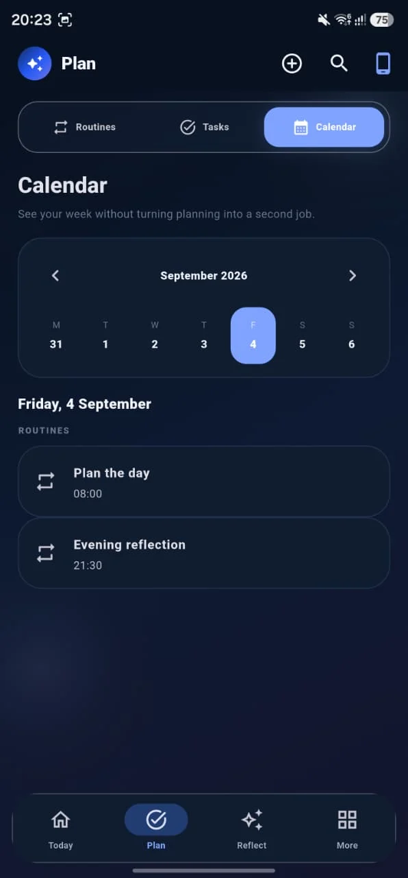 EVOLVE Plan — Calendar app screen