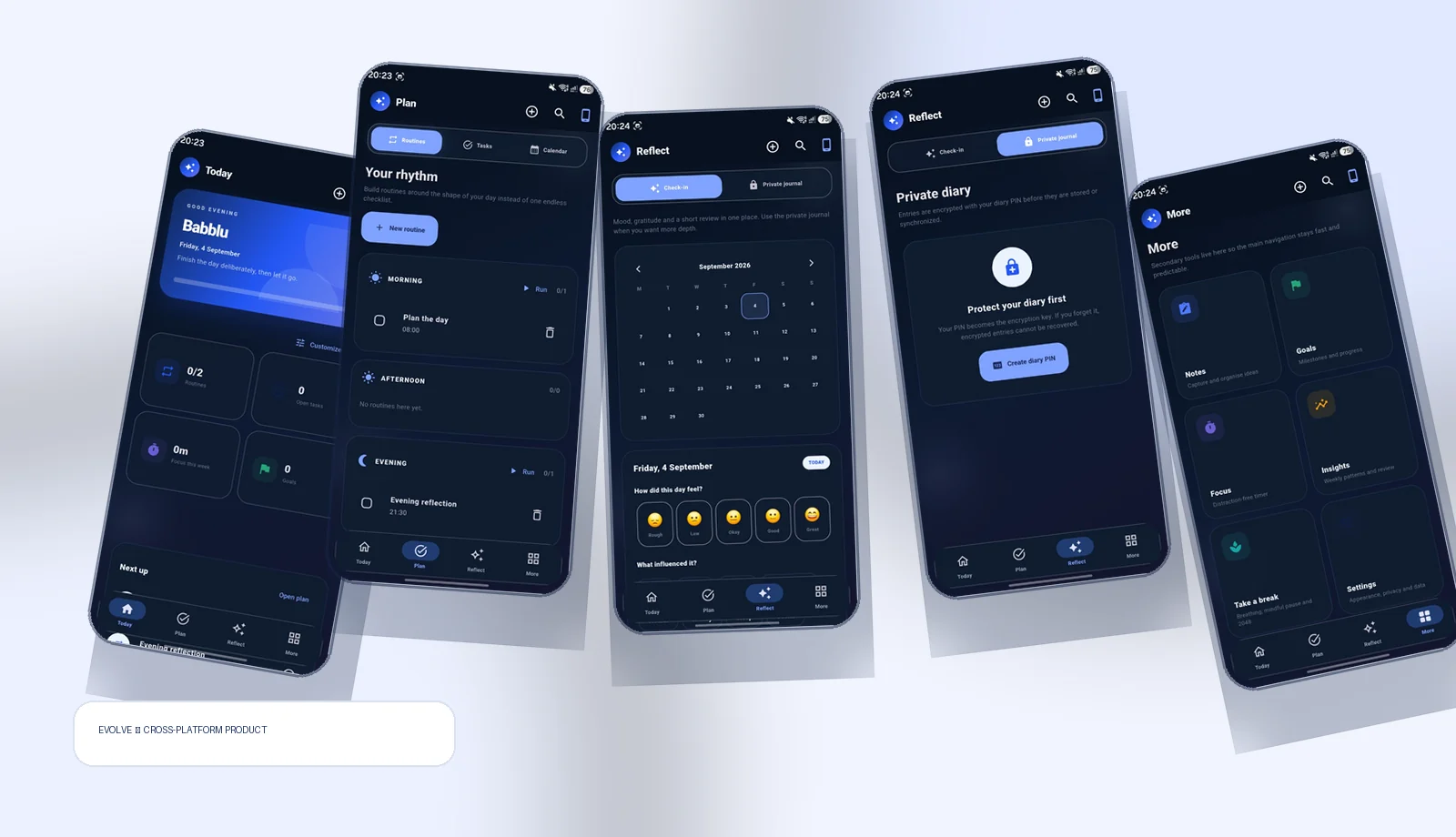 EVOLVE app screens showing Today, Plan, Reflect, Private Journal and More areas
