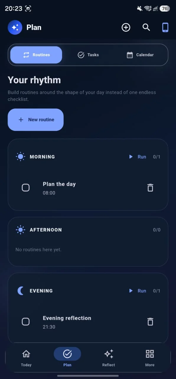 EVOLVE Plan — Routines app screen